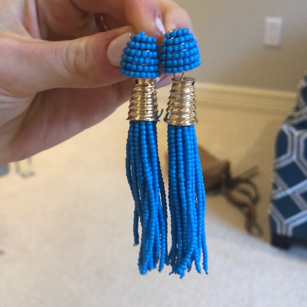 blue beaded dangle statement earrings